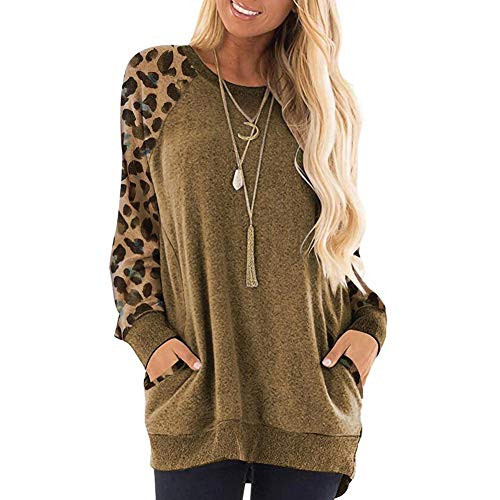 Pottseth Womens Long Sleeve Tops and Blouses Womens Round Neck Leopard Long Sleeve Color Block Casual Loose T-Shirt Tops Tee Brown