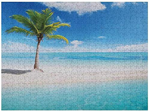 Ocean Jigsaw Puzzle Games 500 Piece  Idyllic Scenery Seashore Picture Sun Rays View with Palm Tree Tropical Beach  Aqua White Green
