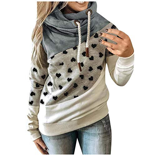 Womens Sweatshirts Cowl Neck Color Block Hoodies Long Sleeved Casual Loose Drawstring Tops Hooded Pullover Gray