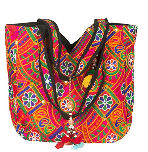 Tribe Azure Colorful Floral Boho Large Shoulder Bag Tote Women Handbag Purse Fashion Casual Spacious Unique Tassel Flower Market School Beach Summer Books Travel  Red