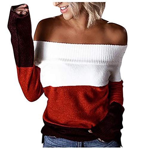 AODONG Sweaters Pullover for Women Knit Womens Fashion Long Sleeve Striped Color Block Knitted Sweater Crew Neck Loose Pullover Jumper Tops Red