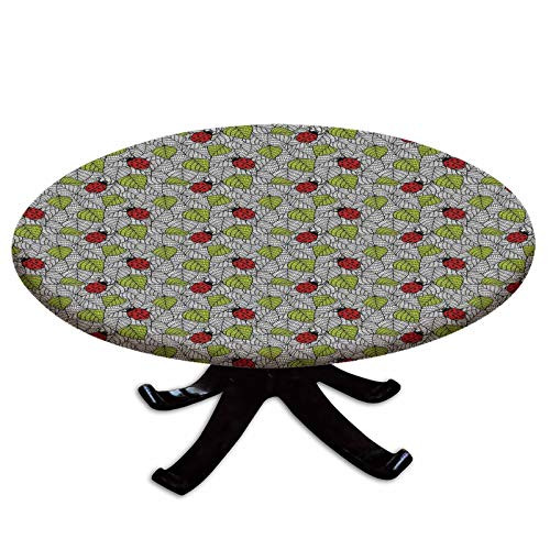 Elastic Edged Polyester Fitted Table Cover Ecological Fresh Leaves and Ladybugs Doodle Style Animals and Plants Pattern Decorative Fits up to 36 inch Diameter Tables The Ultimate Protection for Your Table