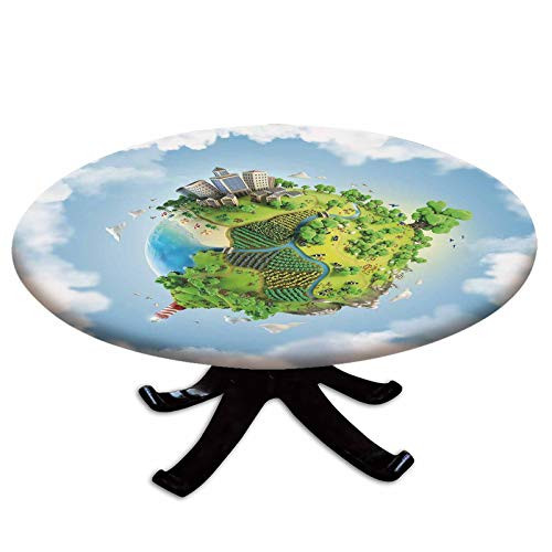 Elastic Edged Polyester Fitted Table Cover Cartoon Style Globe with Greenery Peaceful Idyllic Country Cloudy Sky Decorative Fits up to 36 inch Diameter Tables The Ultimate Protection for Your Table Green