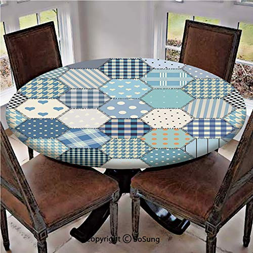 Elastic Edged Polyester Fitted Table Cover Blue Toned Patchwork Hexagons Stitched Seem Quilt Pattern Retro Tile Image Decorative Fits up to 36 inch Diameter Tables The Ultimate Protection for Your Table M