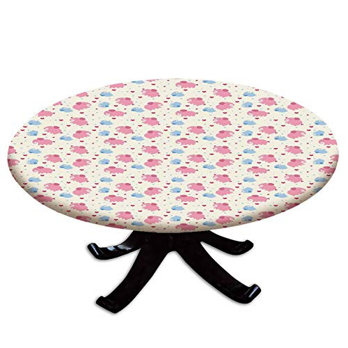Elastic Edged Polyester Fitted Table Cover Cheerful Cute Kids Pattern with Red Hearts and Blue Dots Cartoon Style Lovely Zoo Fits up to 36 inch Diameter Tables The Ultimate Protection for Your Table Multi