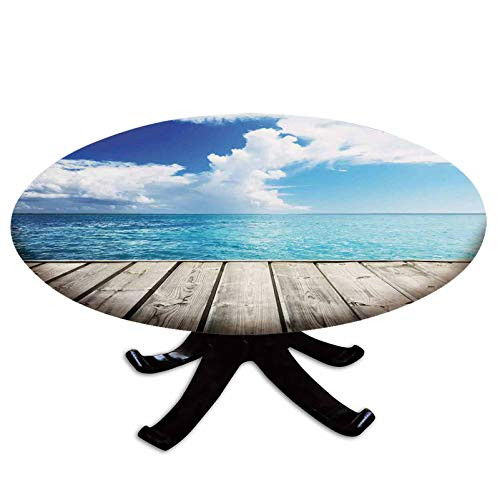 Elastic Edged Polyester Fitted Table Cover Image of Caribbean Sea from Wood Deck with Cloud Sky Landscape in Tropics Print Fits up to 36 inch Diameter Tables The Ultimate Protection for Your Table Turquoi