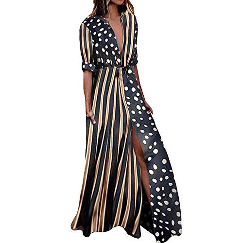 Casual Maxi Dress for Women Rainbow Button Down Roll up Sleeve Long Dress Stripes Print Loose Long Maxi Dresses with Pockets  L  Black03