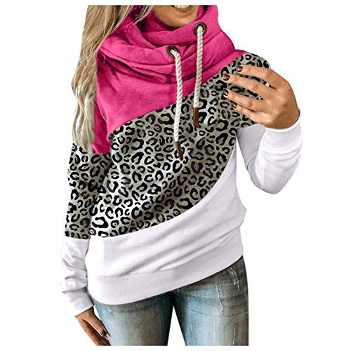 Handyulong Womens Hoodies Long Sleeve Cowl Neck Color Block Leopard Print Drawstring Casual Hooded Pullover Sweatshirts Hot Pink