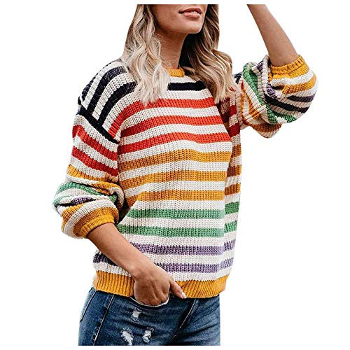 Hemlock Women Rainbow Striped Sweater Top O Neck Long Sleeve Sweaters Color Block Knitted Pullover Sweaters Blouse