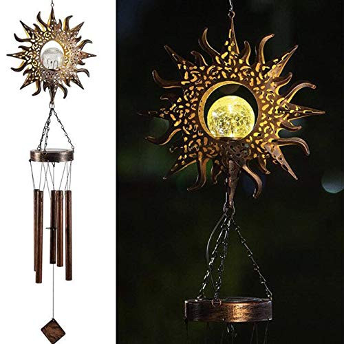 Solar Wind Chimes Outdoor  Sun Moon Crackle Glass Ball Warm White LED Lights Waterproof Solar Garden Decoration Light Wind Chime with Metal Tubes for Yard Porch Lawn Decor Memorial Gifts  Sun