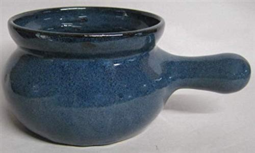 Handmade pottery french onion bowl with long handle by Traditions Pottery blue