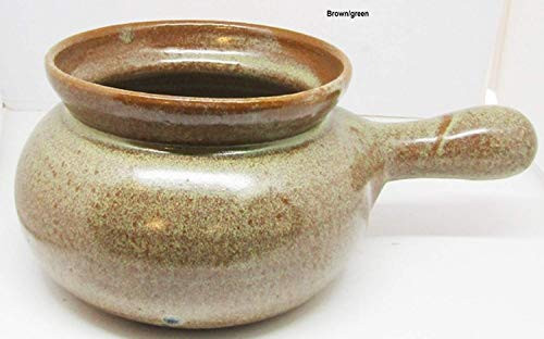 Handmade pottery french onion bowl with long handle by Traditions Pottery brown