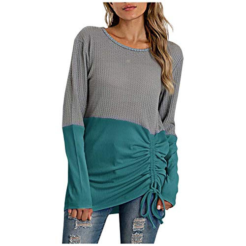 Padaleks Women s Long Sleeve Oversized Crew Neck Color Block Knit Pullover Sweater Drawstring Tunic Tops Shirts Green