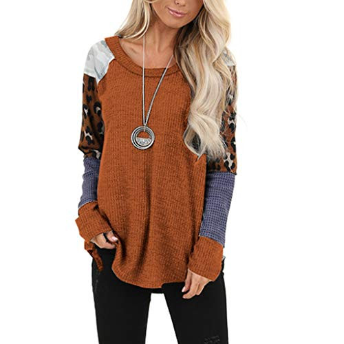 Blouse for Women Casual Chanyuhui Leopard Print Color Block Patchwork Long Sleeve O-Neck Pullover Tops Shirt Waffle Tee