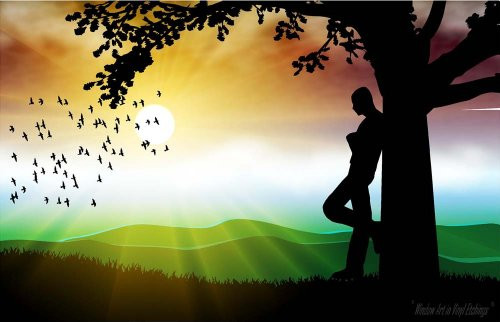 Silhouette of a Man  Tree  Birds  and  Sunrise - Vinyl Stained Glass Film  Static Cling Window Decal Silhouette of a Man  Tree  Birds  and  Sunrise - Vinyl Stained Glass Film  Static Cling Window Decal