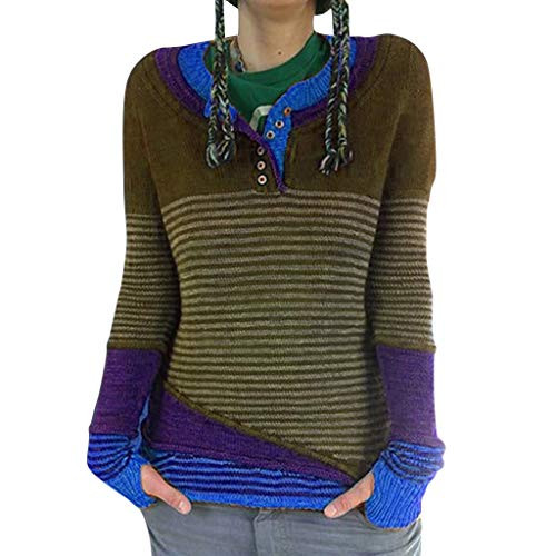 aihihe Plus Size Sweaters for Women Long Sleeve Knit Tops Blouse Color Block Striped Print Blouse Sweater Pullover Blue