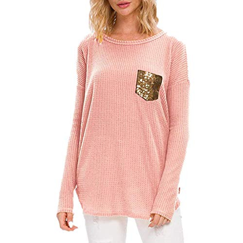 Women s Color Block Long Sleeve Tunic Tops Crew Neck Sweatshirt Pockets Loose Casual Blouse Shirts Pink