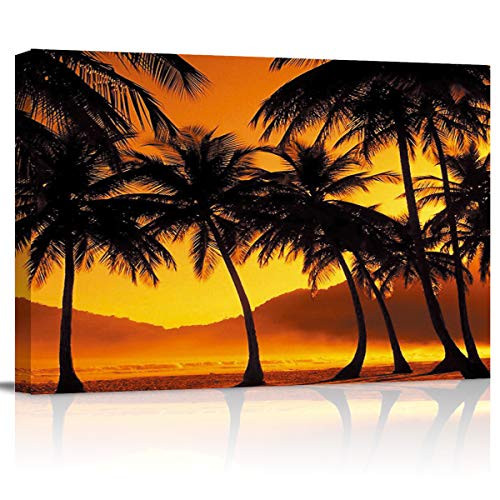 Canvas Oil Painting Wall Art Print Sunset Tropical Picture Framed Artwork Ready to Hang for Bedroom Living Room Home Wall Decor Beach Palm Trees -16x20 inch