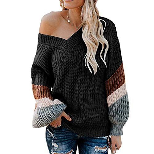 AODONG Pullover Sweaters for Women Knit Womens Fashion Long Sleeve Striped Color Block Knitted Sweater Crew Neck Loose Pullover Jumper Tops Black