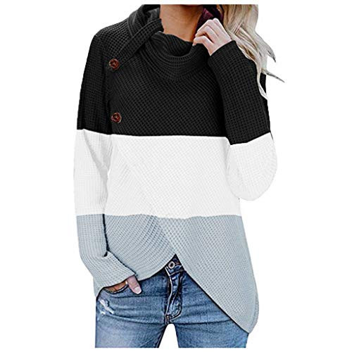 Sweatshirt for Women Womens Button Turtle Cowl Neck Asymmetric Hem Wrap Color Block Pullover Sweater Tops