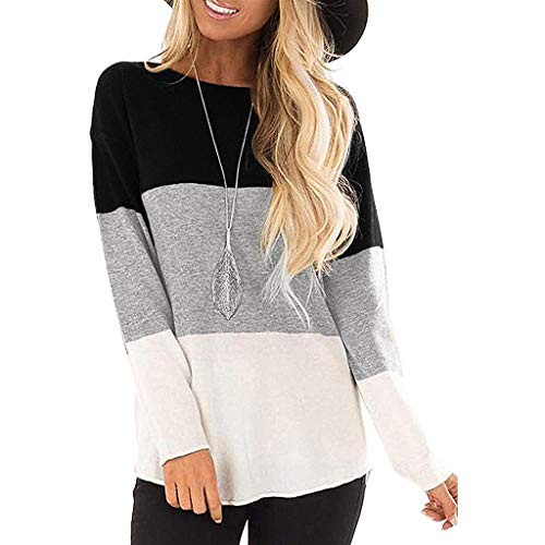 Chanyuhui Women s Long Sleeve O-Neck Tops Color Block Splice Sweatshirt Pullover Casual T Shirt Blouses Tunic Tops Tee Black