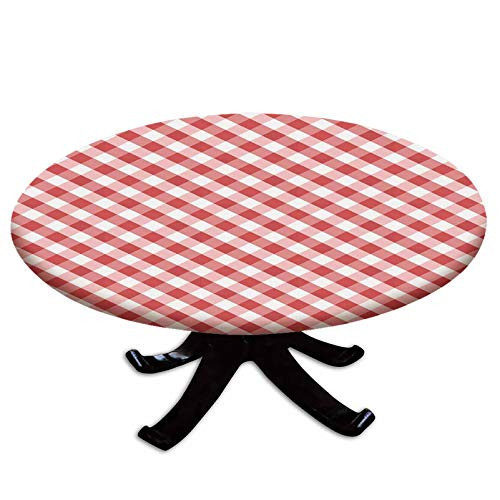 Elastic Edged Polyester Fitted Table Cover Crosswise Stripes with Little Red Squares Retro Style Abstract Pattern Decorative Fits up 40 inch-44 inch Diameter Tables The Ultimate Protection for Your Table Red