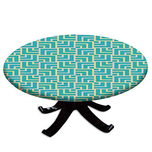 Elastic Edged Polyester Fitted Table Cover Art Deco Style Shapes Like Geometrical Squares with Lines Image Fits up 40 inch-44 inch Diameter Tables The Ultimate Protection for Your Table Pink Yellow and Turquo