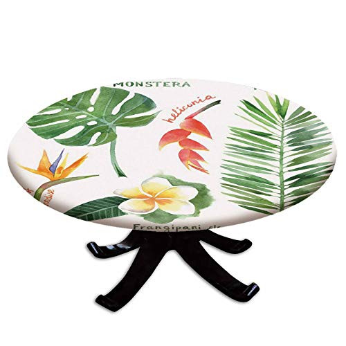 Elastic Edged Polyester Fitted Table Cover Bird of Paradise Palm Leaf and Assorted Exotic Flowers Watercolor Decorative Fits up 40 inch-44 inch Diameter Tables The Ultimate Protection for Your Table Coral Ear
