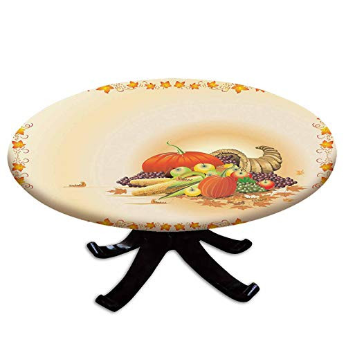 Elastic Edged Polyester Fitted Table Cover Maple Tree Frame with Rustic Composition for Thanksgiving Halloween Dinner Food Fits up 40 inch-44 inch Diameter Tables The Ultimate Protection for Your Table Multic