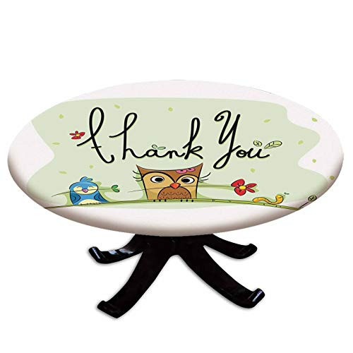 Elastic Edged Polyester Fitted Table Cover Chubby Little Birds Owl Worm and Sparrow and Flowers with Thank You Quote Art Fits up 40 inch-44 inch Diameter Tables The Ultimate Protection for Your Table Green