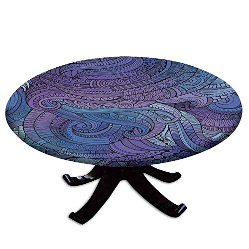 SoSung Elastic Edged Polyester Fitted Table Cover Ocean Inspired Graphic Arabesque Paisley Swirled Hand Drawn Ethnic Fits up 40 inch-44 inch Diameter Tables The Ultimate Protection for Your Table Purple Blue