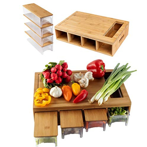 BAMBOO LAND Large bamboo cutting board with 4 trays drawers container and bamboo lids  Chopping board with juice grooves  handles  and  food sliding opening  cutting board For easy food prep and cleanup