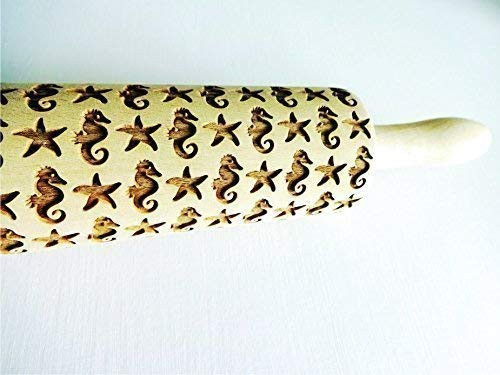 SEAHORSE EMBOSSING ROLLING PIN LASER ENGRAVED DOUGH ROLLER with SEAHORSE PATTERN for EMBOSSED COOKIES