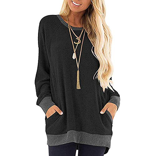 Chanyuhui Women s Color Block Long Sleeve Tunic Tops Crew Neck Sweatshirt Pockets Loose Casual Blouse Shirts T-Shirt Black