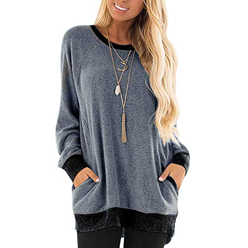 Women s Color Block Long Sleeve Tunic Tops Crew Neck Sweatshirt Pockets Loose Casual Blouse Shirts Navy