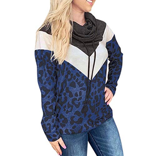 Chanyuhui Women Cowl Neck Leopard Print Color Block Patchwork Drawstring Pullover Casual Loose Sweatshirt Stylish Tops Blue