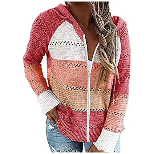 Women Sweater Tops Womens Color Block Striped Oversized Hooded Sweaters Long Sleeve Loose Chunky Knitted Pullover Jumper Tops