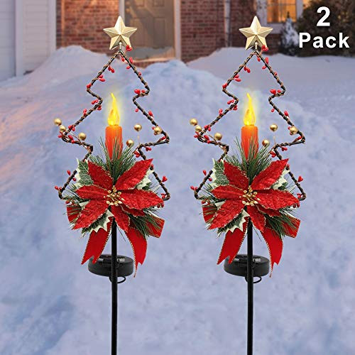 MAGGIFT 32 Inches Solar Christmas Decorations Outdoor LED Solar Powered Candle Xmas Pathway Lights  Metal Garden Stakes Lawn Yard Ornament  Set of 2