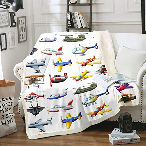 Aircraft Sherpa Blanket  3D Print Various Airplane Blanket Throw For Kids Teen Boys  Fighter Flight Helicopter Fleece Blanket  Cartoon Aviation Theme Fuzzy Blanket Ultra Soft Throw 50 inchx60 inch White