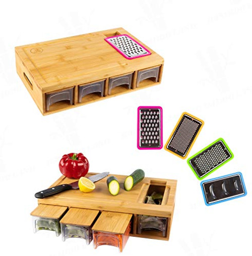 BAMBOO LAND Large bamboo cutting board with trays drawers container and bamboo lids Chopping board with juice grooves handles and food sliding opening cutting board for easy food prep and cleanup BAMBOO LAND Large bamboo cutting board with trays drawers container and bamboo lids Chopping board with juice grooves handles and food sliding opening cutting board for easy food prep and cleanup