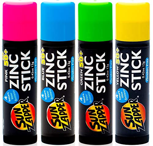Sun Zapper Zinc Stick SPF 50 plus Sunscreen  4 Pack  0.42 oz stick - Pink Blue Green Yellow