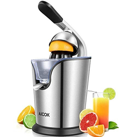 Aicok Electric Orange Juicer Squeezer Powerful 160W Citrus Juicer with Soft Grip Handle and Cone Lid for Easy Use  Two Size Cones for Different Citrus Fruits  Silver