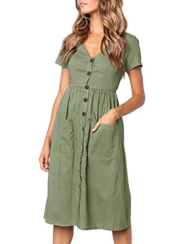 Women's Causal Solid V Neck Short Sleeve Button Down Swing Midi Dress with Pockets Green X-Large