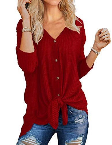 Womens Long Sleeve Knit Button Tunic Blouse Front Tie Batwing Henley Tops(Wine Red,XXL)