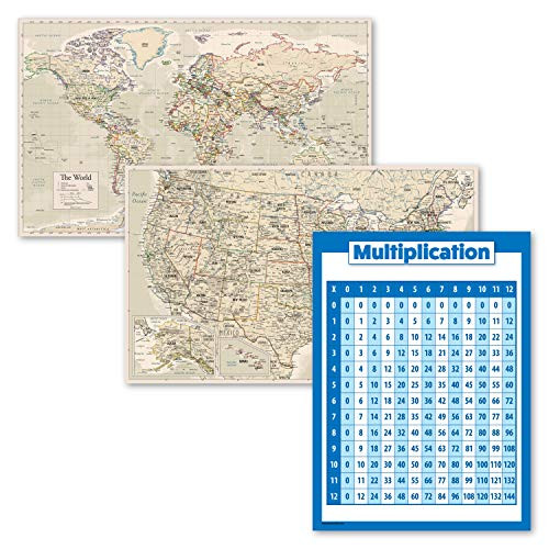 Laminated World USA Map Cursive Alphabet Set 3 Pack Laminated Posters ...