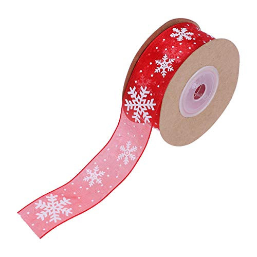 Amosfun 2.5cm Christmas Snowflake Ribbon Xmas Tree Decoration Band Decorative Ribbon for Hair Bows Gift Wrapping DIY Crafts  Red 10M