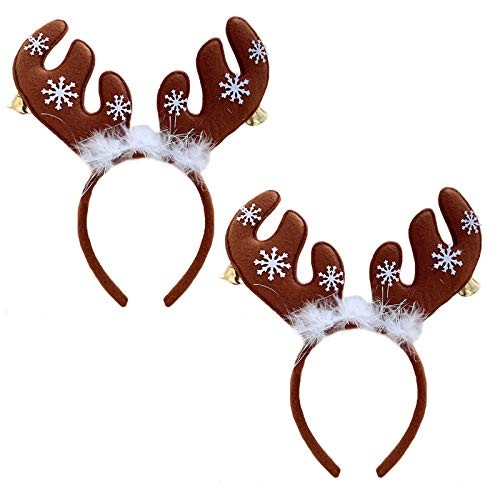 2 Pcs Christmas Reindeer Antler Headband Xmas Deer Antler Headpiece Women Snowflake Bells Elk Fawn Horn Hair Hoop Hair Band Hairband Holiday Party Decoration Cosplay Costume Hair Accessories Coffee