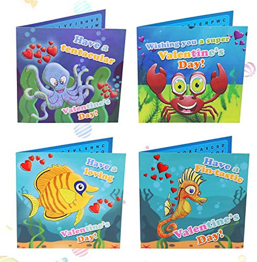28-Count Valentine s Day Cards for Kids - 4 Assorted Designs of Fun Valentines Word Search Cards With Envelopes - Perfect Valentines Day Greeting Cards for School Classroom Valentine s Party Favors Exchange Gifts