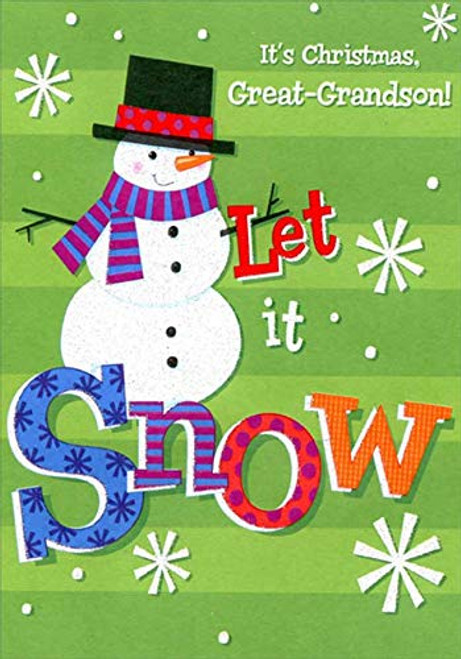 Designer Greetings Sparkling Glitter Snowman with Purple and Blue Scarf Let it Snow Juvenile Great-Grandson Christmas Card for Young Boy Designer Greetings Sparkling Glitter Snowman with Purple and Blue Scarf Let it Snow Juvenile Great-Grandson Christmas Card for Young Boy