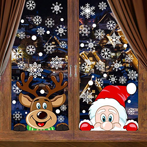 VEYLIN 6 Sheets 300 Pcs Christmas Window Clings Snowflake Reindeer Santa Claus Window Stickers for Christmas Window Descoration